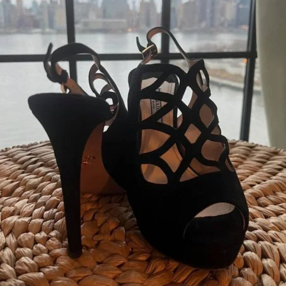Prada Black Suede Heeled Sandals Size 37.5